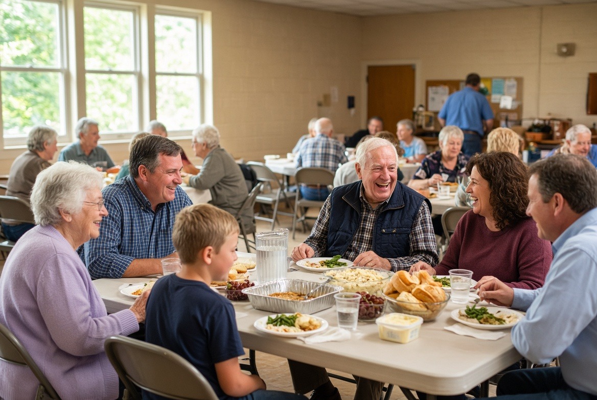 Church family gathered around the table